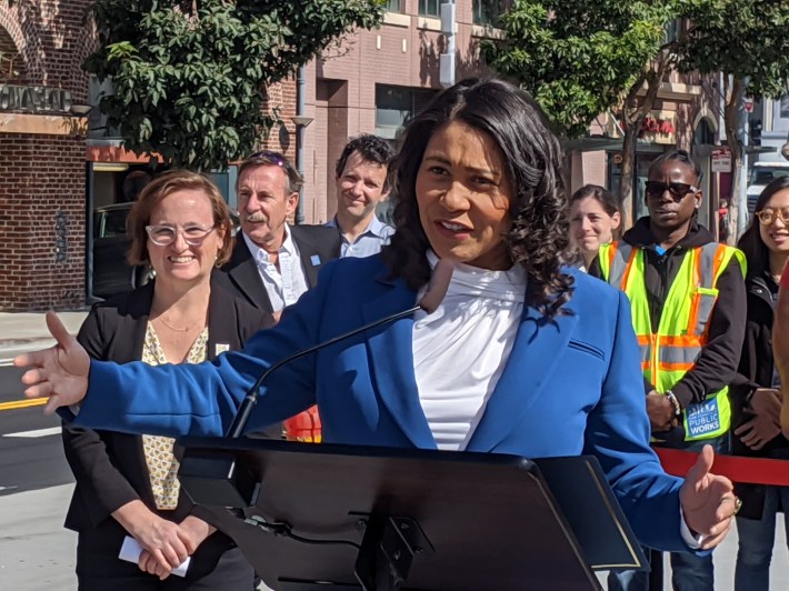 Mayor Breed praised the speed at which her "20 miles of protected bike lanes in the next two years" are being installed