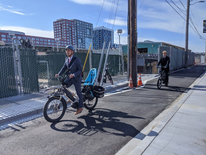 the Mayor's Transportation Advisor, Paul Supawanich, and SFMTA's Jeffrey Tumlin, arriving at the event... appropriately by bike