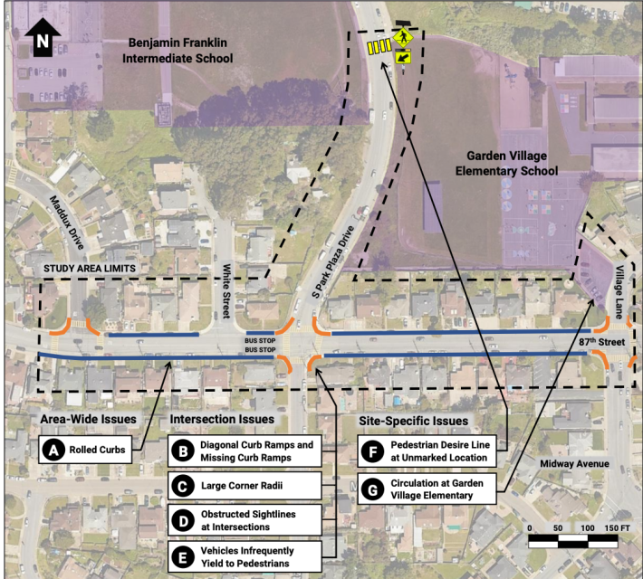 The plan can get into the details of how to provide safe access to individual sites, such as the elementary school and middle school pictured.View the rest of the proposed pedestrian improvements, here.