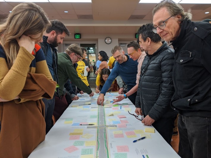 February's outreach meeting on Valencia, refining the protected bike lanes and intersections from 19th to Cesar Chavez. Photo: Streetsblog/Rudick