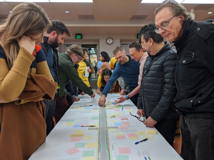 Last week's outreach meeting, refining the protected bike lanes and intersections on Valencia from 19th to Cesar Chavez. Photo: Streetsblog/Rudick