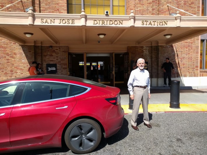Diridon Station in San Jose, with its namesake, Rod Diridon, standing in front of the entrance last May. Photo: Streetsblog/Rudick