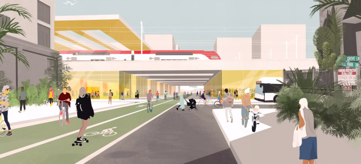 The western side of the station will bring a pedestrianized San Fernando under the tracks. Image: blah