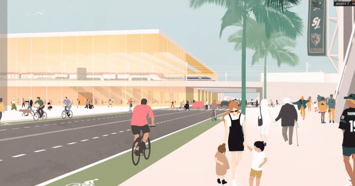 A rendering of the Alameda redesign features old-school, gutter lanes for bikes. Image: