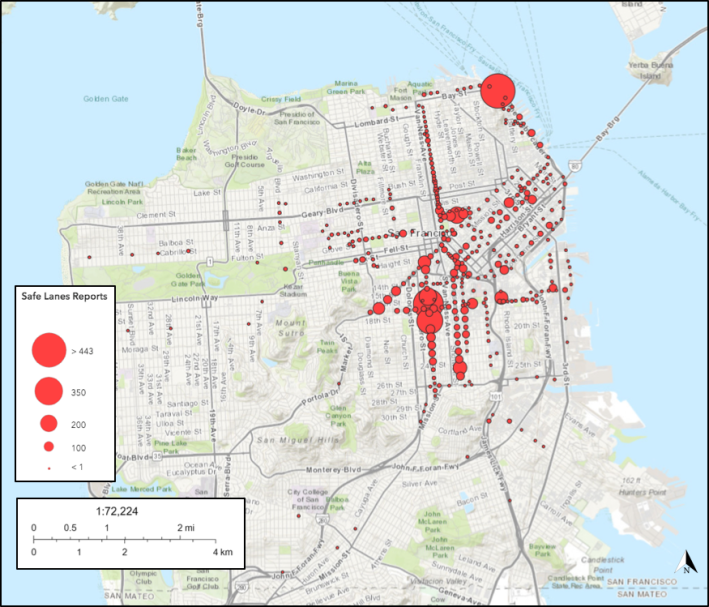 From Moran's study, a map of the distribution of Safe Lanes reports of blocked bike lanes in San Francisco, CA (May 1, 2019 to January 31, 2020).