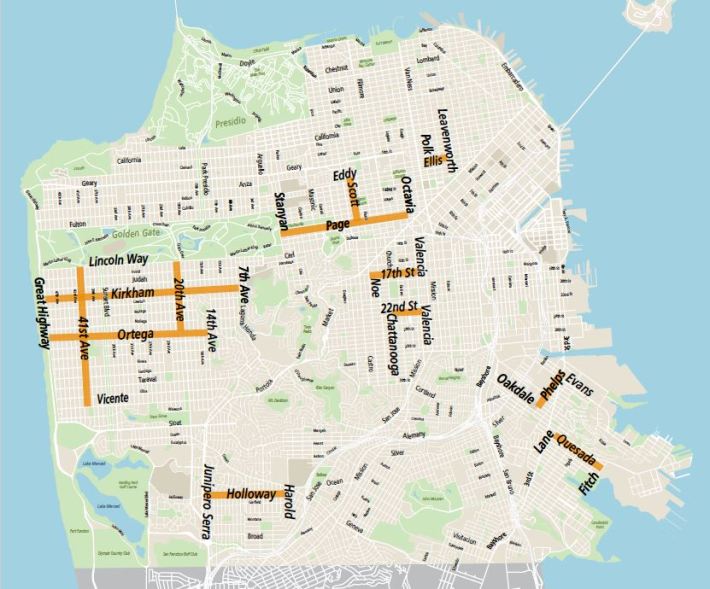 The originally planned 'slow streets' for San Francisco. Holloway is near the bottom on the left. Image: SFMTA