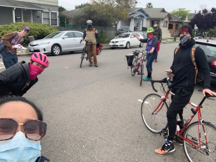 Masked volunteers in Oakland over the weekend. Photo: Bike East Bay