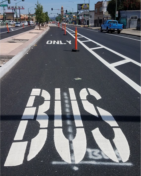 Part of International Boulevard's new left-hand, bus-only lane. Photo: AC Transit