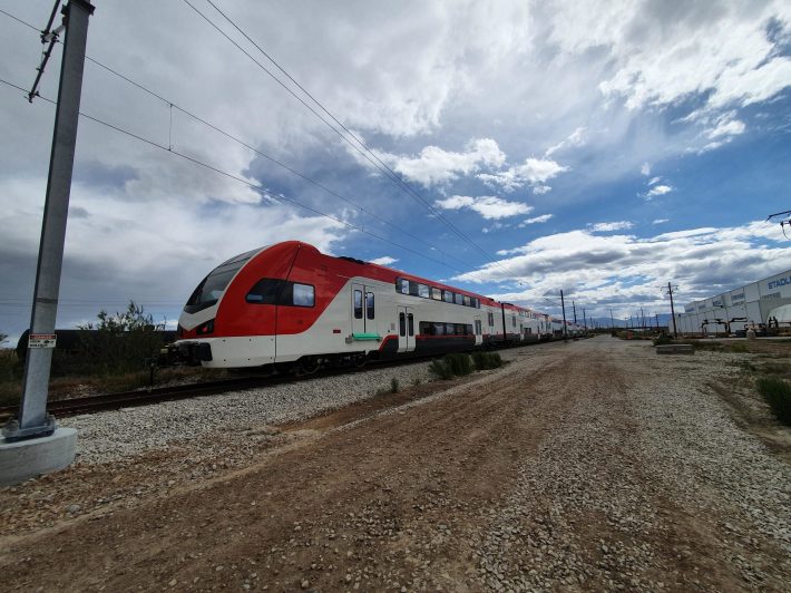 A new Caltrain set undergoing testing at the production facility in Utah. Photo: Calmod