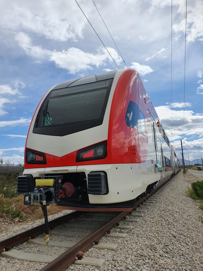 Caltrain's first electric trainset near the factory. Photo: Caltrain