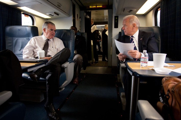 Vice President Joe Biden and then Secretary of Transportation Ray LaHood riding Amtrak in 2011 while traveling from Washington, DC to Philadelphia, PA in 2011. (Official White House Photo by David Lienemann)