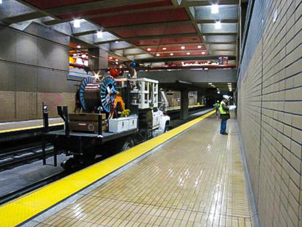 A picture of a Shimmick crew replacing overhead wire in 2019. Photo: Shimmick