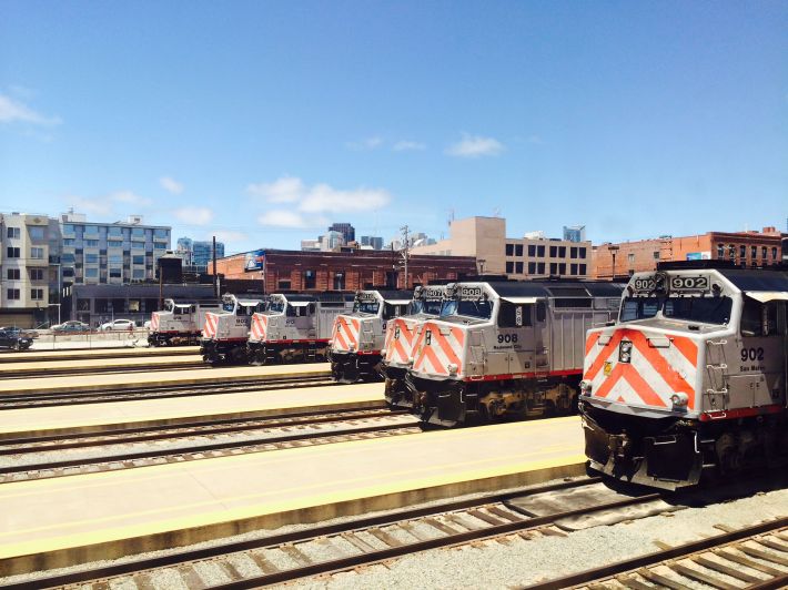 Caltrain King Street station is a ten minute walk from the Oracle Park ferry dock. Wikimedia Commons