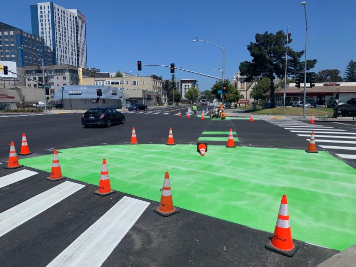 OakDOT installing an integrated protected intersection at Telegraph and MacArthur. Photo: Dave Campbell
