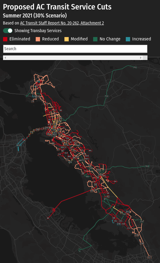 A screen shot of the map of coming service cuts on AC transit. Source: East Bay Transit Riders Union