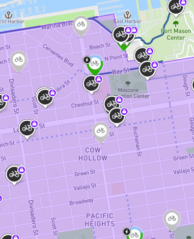 The four locations (in grey) that aren't getting installed. Image: Baywheels