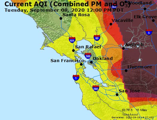 Air quality map for the Bay Area at noon--in sharp contrast to the air quality at ground level. Image: CalEPA