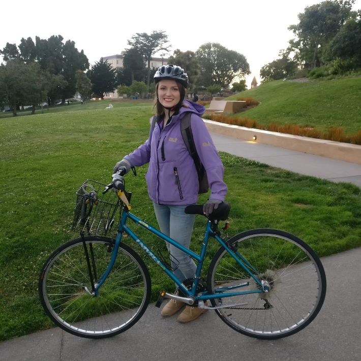 ?? with her bike, now in the shop. Photo: ???