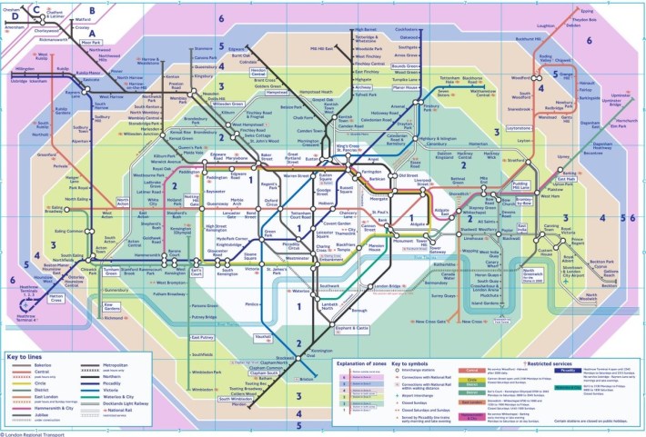 London's transit map. Everything is calculated by zones, regardless of what agency or company is running an individual transit line. Image: Transport for London