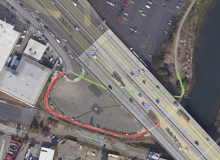 A map of the area. Red indicates the "Death Star" trench. Green is the route across the parking lot. Image: Google maps