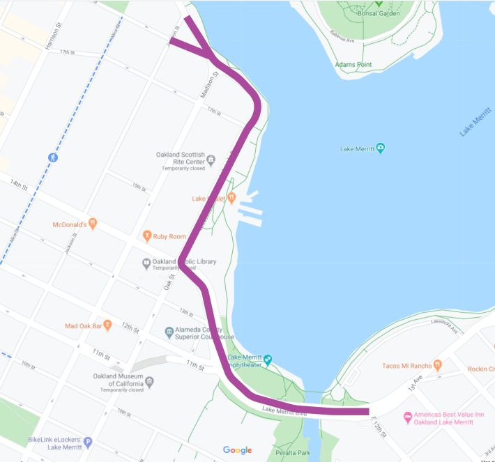 The next segment of protected bike lane planned by OakDOT. Image: GoogleMaps via OakDOT