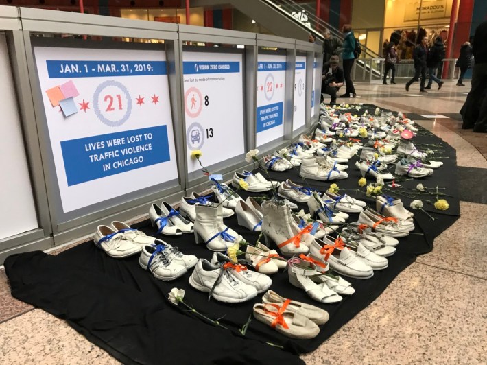 A shoe memorial from a past event (this one in Chicago). Photo: Streetsblog/John Greenfield