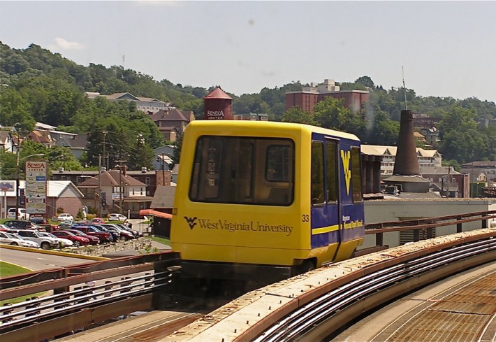 Morgantown PRT. The only operational line in the country comparable to an automated pod proposal for Dumbarton. Photo: Taken with an OLYMPUS CAMERA/wikimedia commons