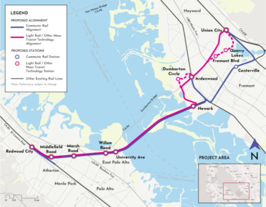A map of the proposed crossing. Note the rail approaches are already there as is a burned out bridge. Image: SamTrans
