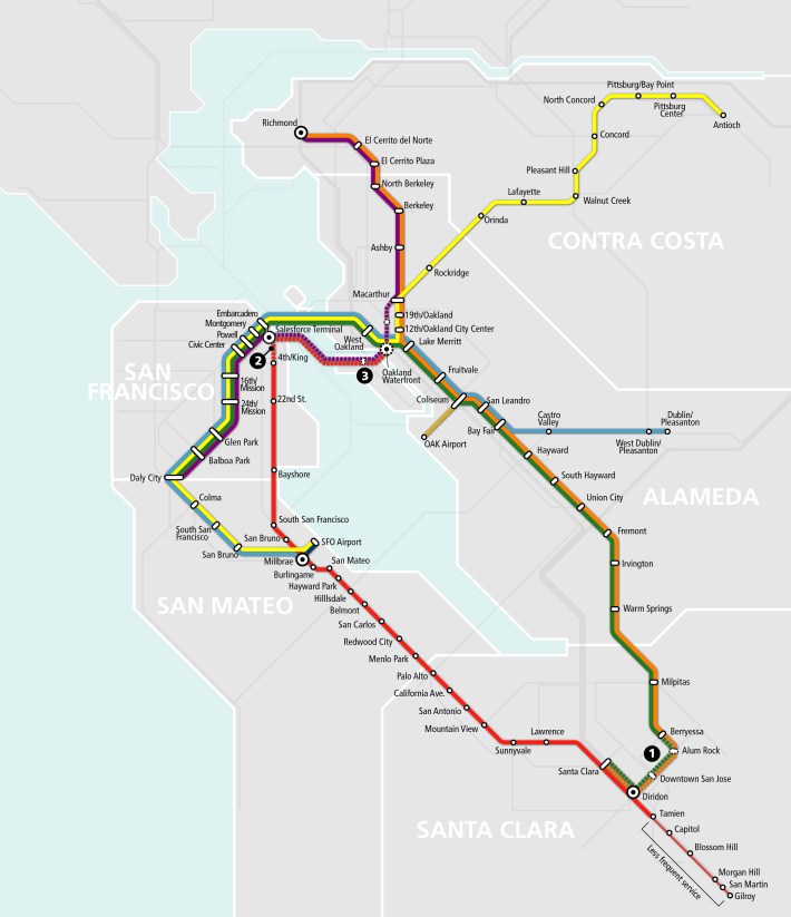 A map of an integrated Caltrain and BART. Image: Seamless