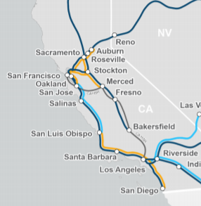 Amtrak's 2035 vision map shows a new line for California. Image: Amtrak