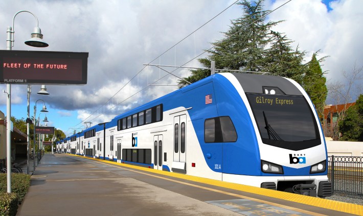 A new Caltrain set imagined with BART livery. Stadler rendering altered by Clem Tillier