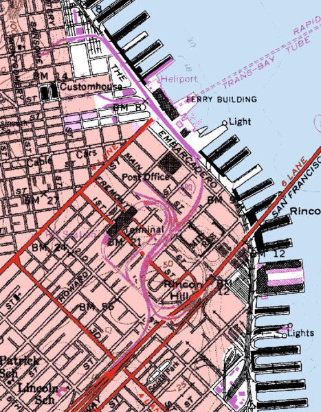 A map of the Embarcadero Freeway shows how the ramps basically covered the area that is now Folsom through Rincon Hill. Image: Wikimedia Commons