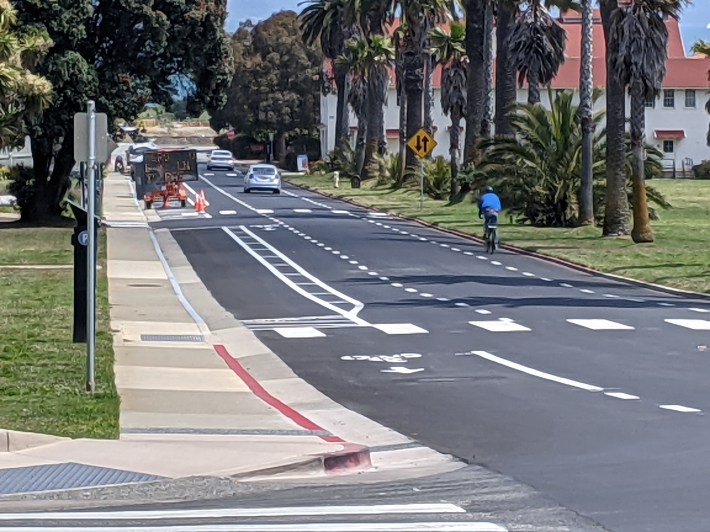 A view looking towards Crissy Field of the transition from bike lanes to the new treatment