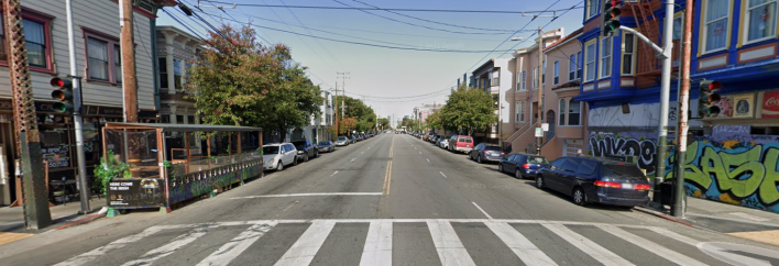 A look at the Indianapolis speedway that is S. Van Ness, with the then intact parklet. Image: Google Maps