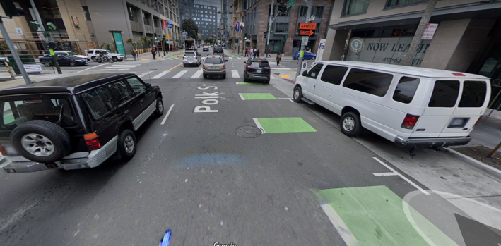 The motorist apparently used the unprotected bike lane to the right to go around a line of stopped cars. Photo: Google Streetsview