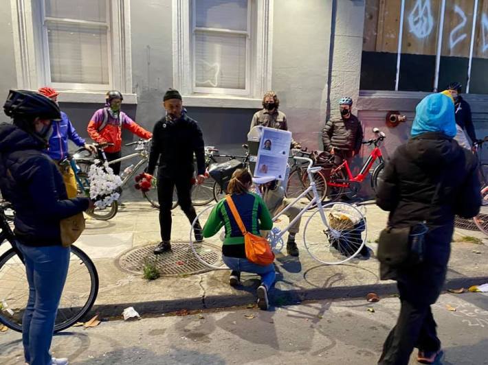 Riders stop to set up a ghost bike in SoMa for Tess Rothstein and Kate Slattery. Photo: Ride of Silence's Facebook