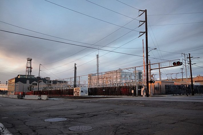 An electric substation near the Oakland estuary--some of the infrastructure that could be vulnerable to rising seas. Photo: Wikimedia Commons