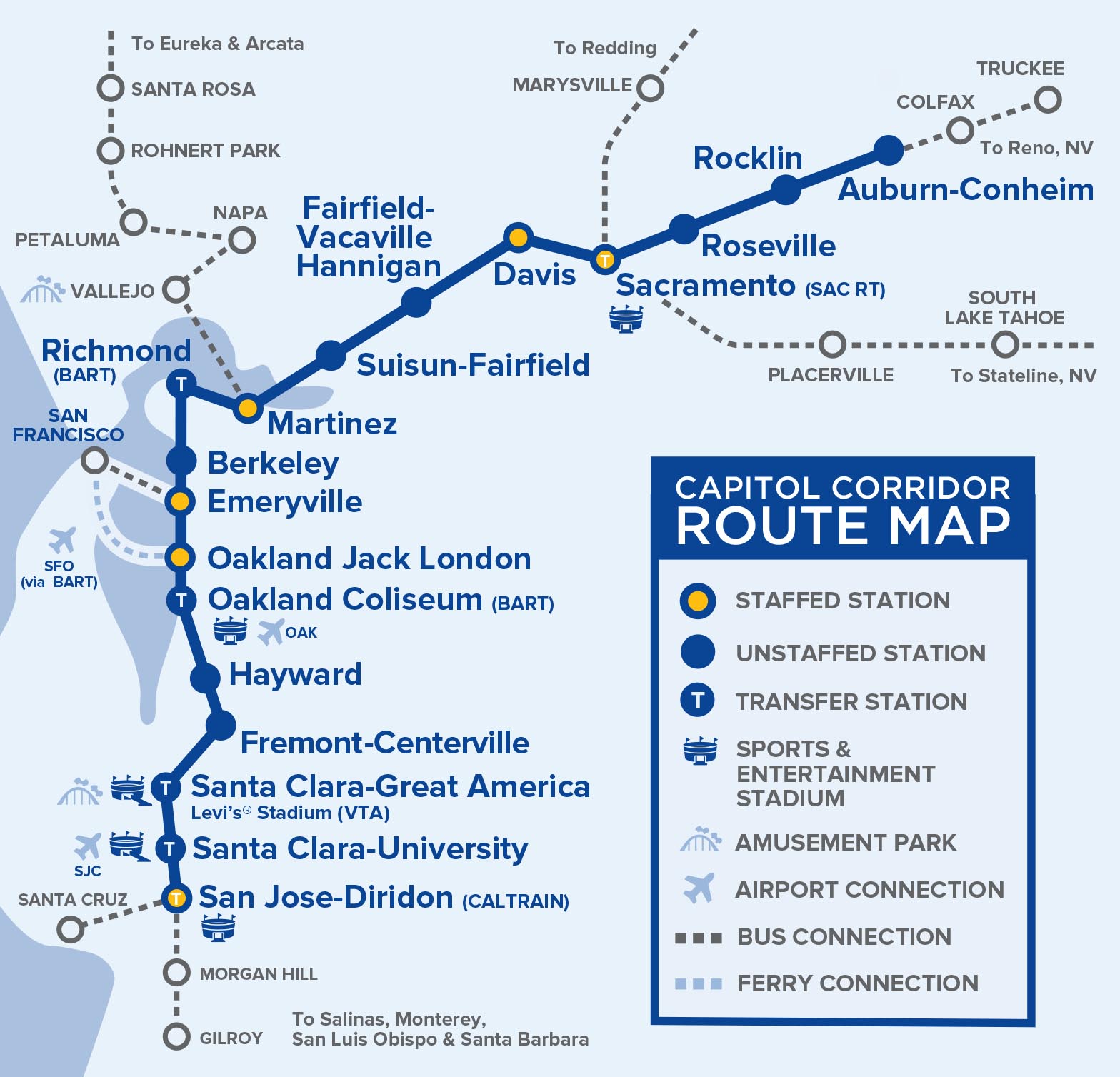 A map of the Capitol Corridor service. The bridge is between Martinez and Suisun-Fairfield stations. But it presents a choke point for the entire system.