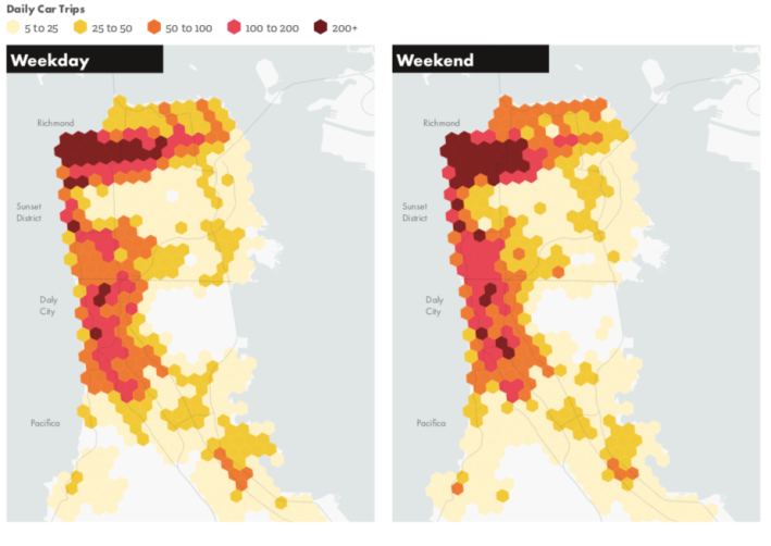 Nearly all car trips on the Great Highway in 2019 started or ended in the Richmond district or San Mateo County. (SFMTA)