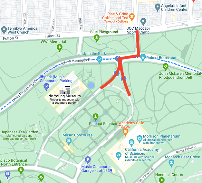 Sup. Connie Chan’s ‘car-free’ JFK plan would reintroduce cars to the road connecting Fulton Street, the museums, and the Music Concourse, which would interrupt the busiest car-free segment of JFK Drive. Image: Google Maps