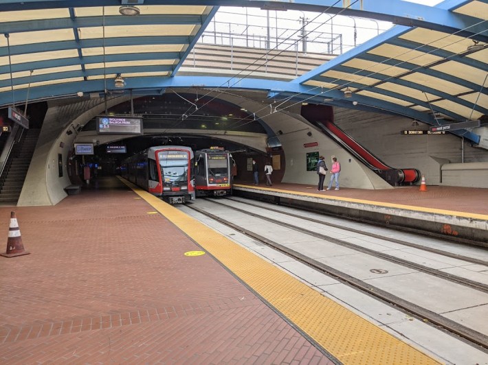 Trains at West Portal. Seems like the platforms have enough room for bikes, no? Photo: Streetsblog/Rudick
