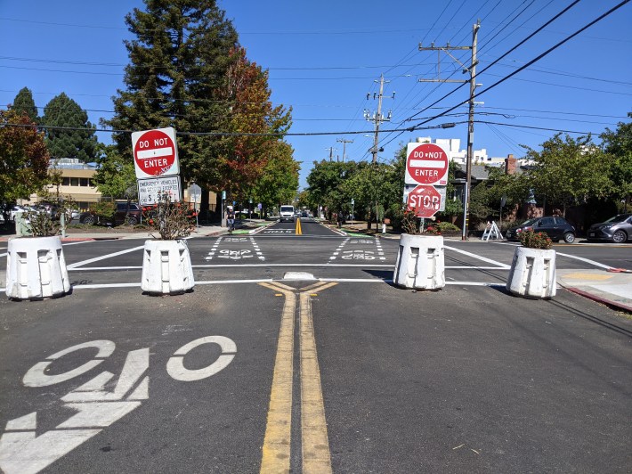 The transition from Milvia's bicycle boulevard treatment to the start of the protected section, at Blake