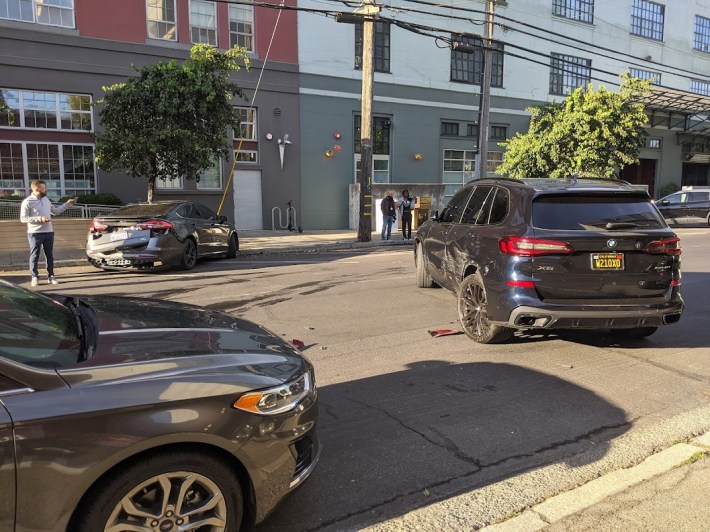 Two of the four cars involved in a wreck outside my window literally as I was writing this. Photo: Streetsblog/Rudick