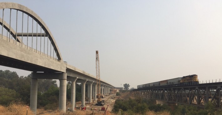 HSR in the Central Valley doesn't share tracks with existing trains, but runs close in most places. Photo: Joe Linton