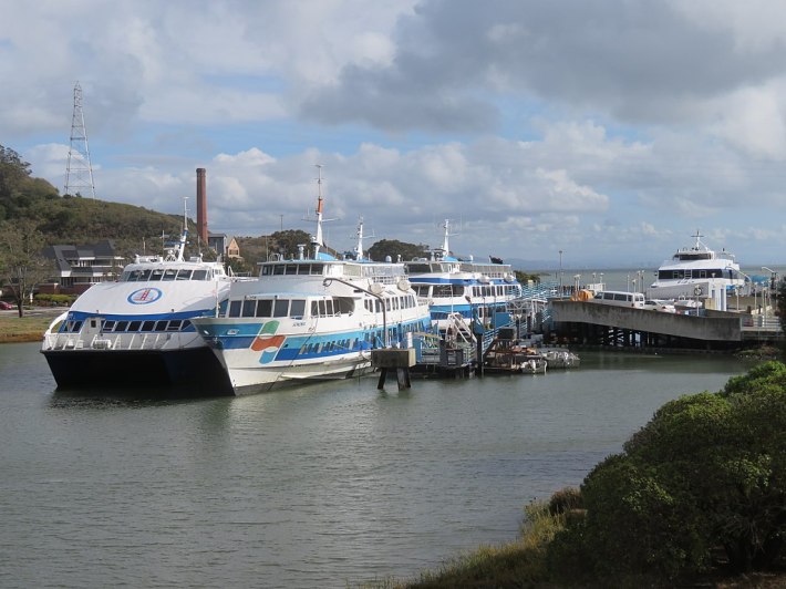 Golden Gate ferries at Larkspur. What's stopping some of these runs from continuing from San Francisco to Oakland? Photo: Wikimedia Commons