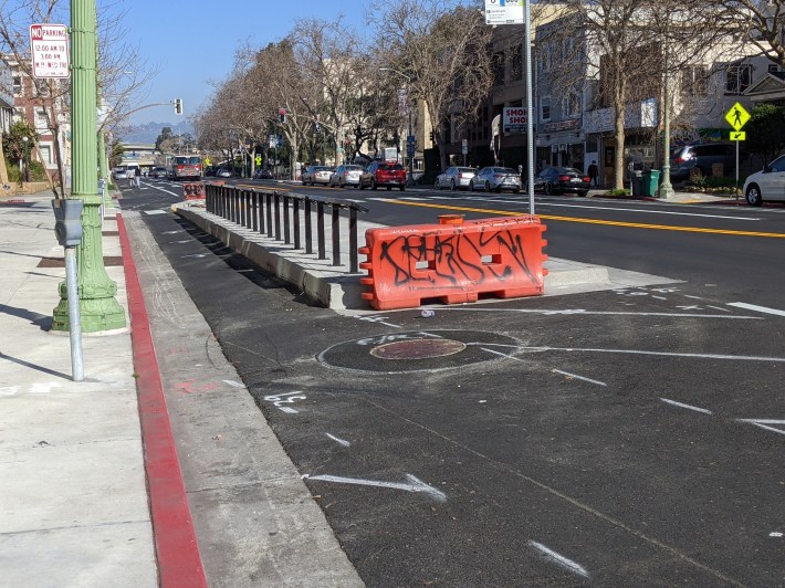 One of the new bus boarding islands on Telegraph. Photo: Streetsblog/Rudick