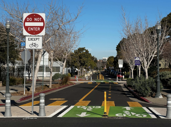 Doyle Street, Emeryville. Image from <a href="https://www.calbike.org/calbikes-best-and-worst-2021/">CalBike: Best and Worse of 2021</a>