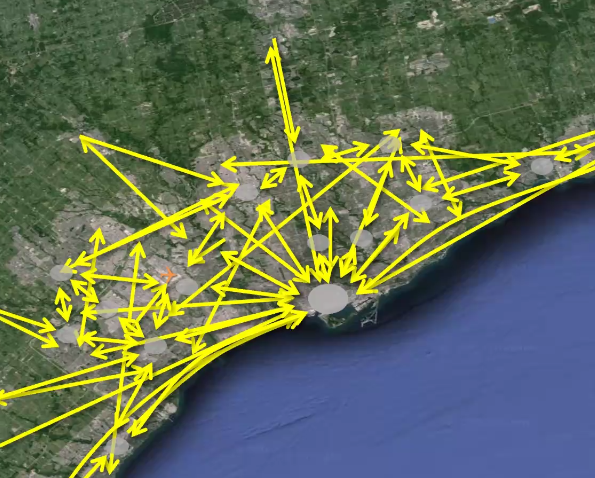 A representation of travel patterns around downtown Toronto, represented by the larger grey dot in the middle. Image: Access Planning