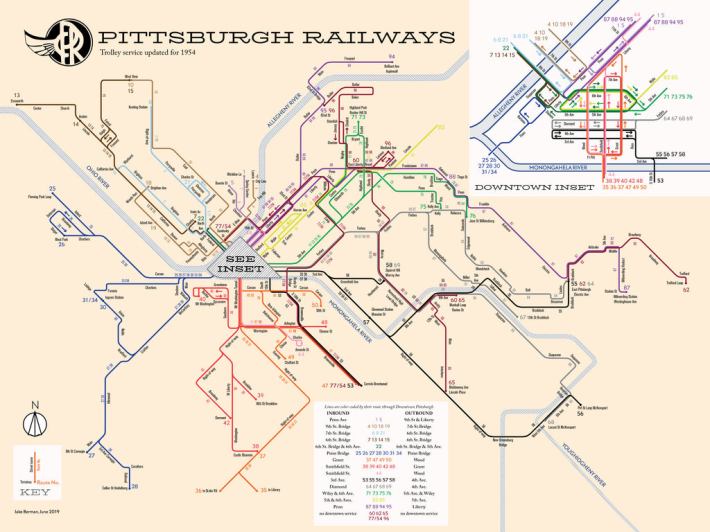 Pittsburgh's streetcar map in 1954.