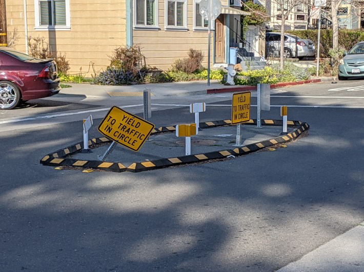 The quick-build traffic island Berkeley put in after Erbe's crash. Photo: Streetsblog/Rudick